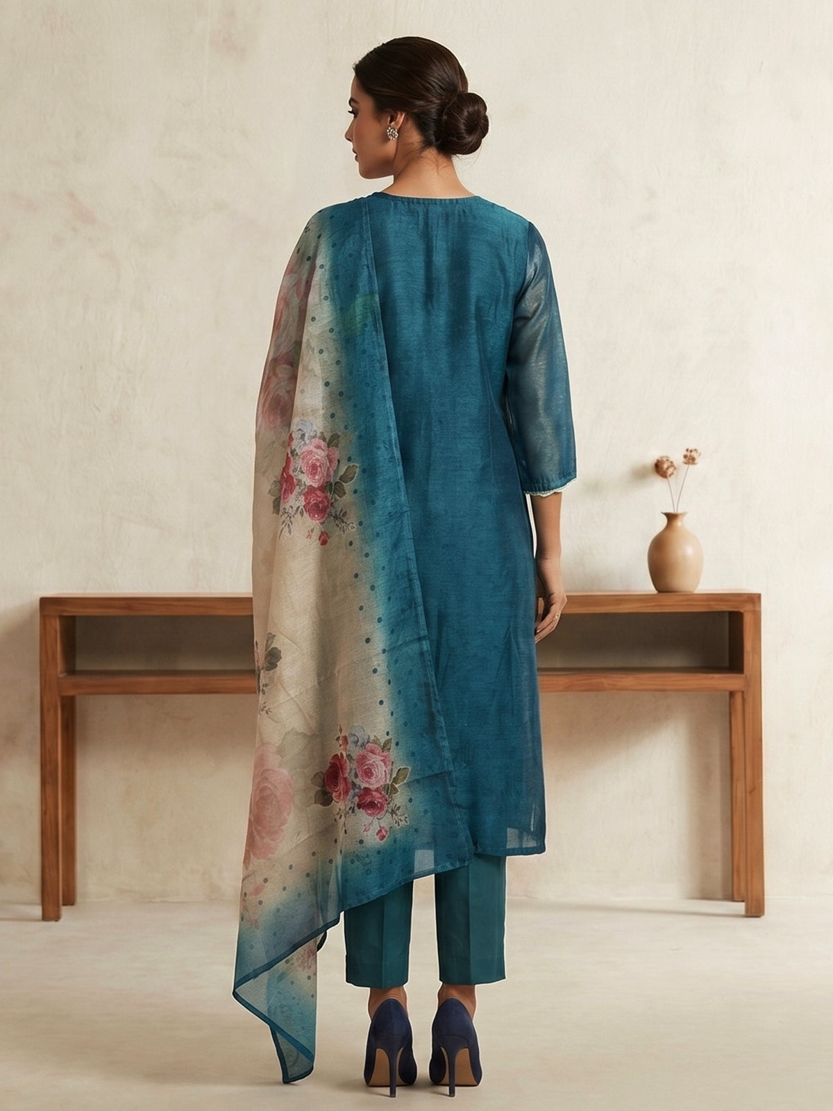 Teal blue chanderi silk kurti set edit