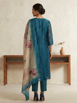 Teal blue chanderi silk kurti set edit
