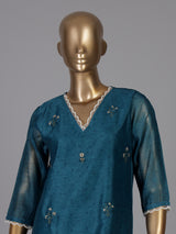 Teal blue chanderi silk kurti set edit