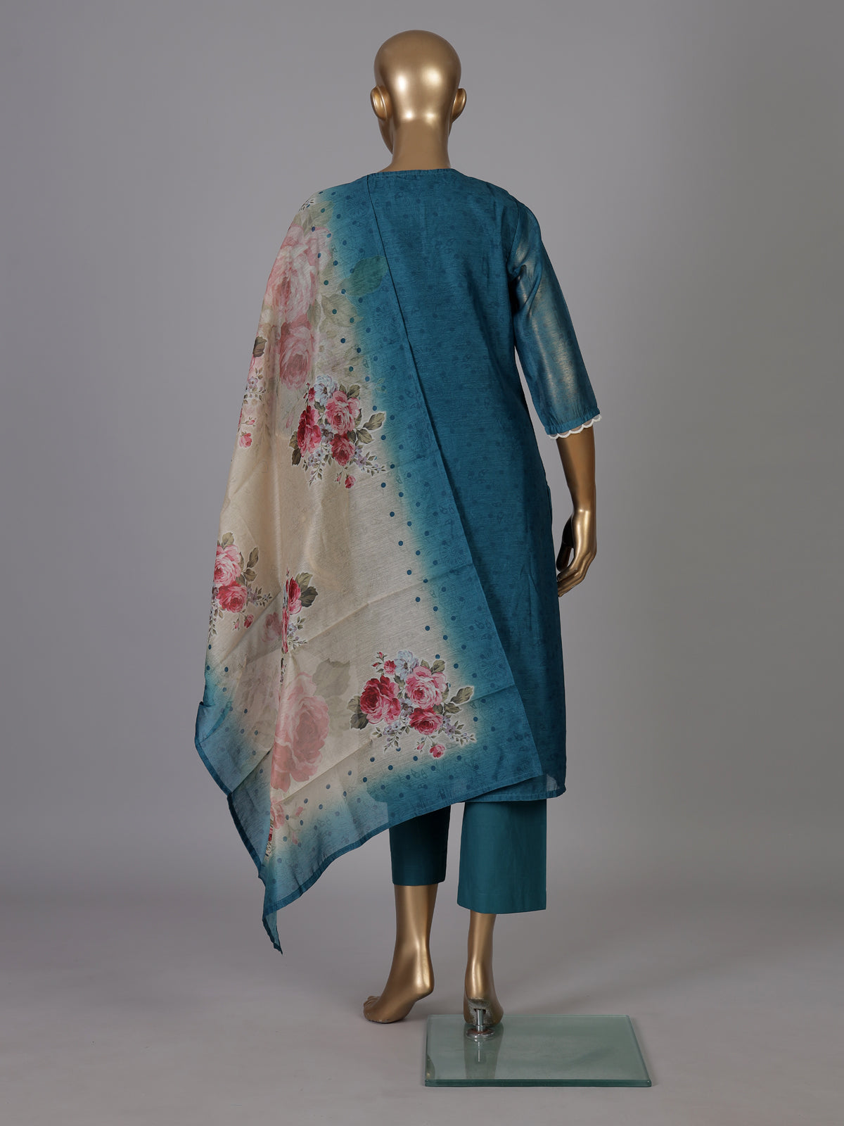 Teal blue chanderi silk kurti set edit