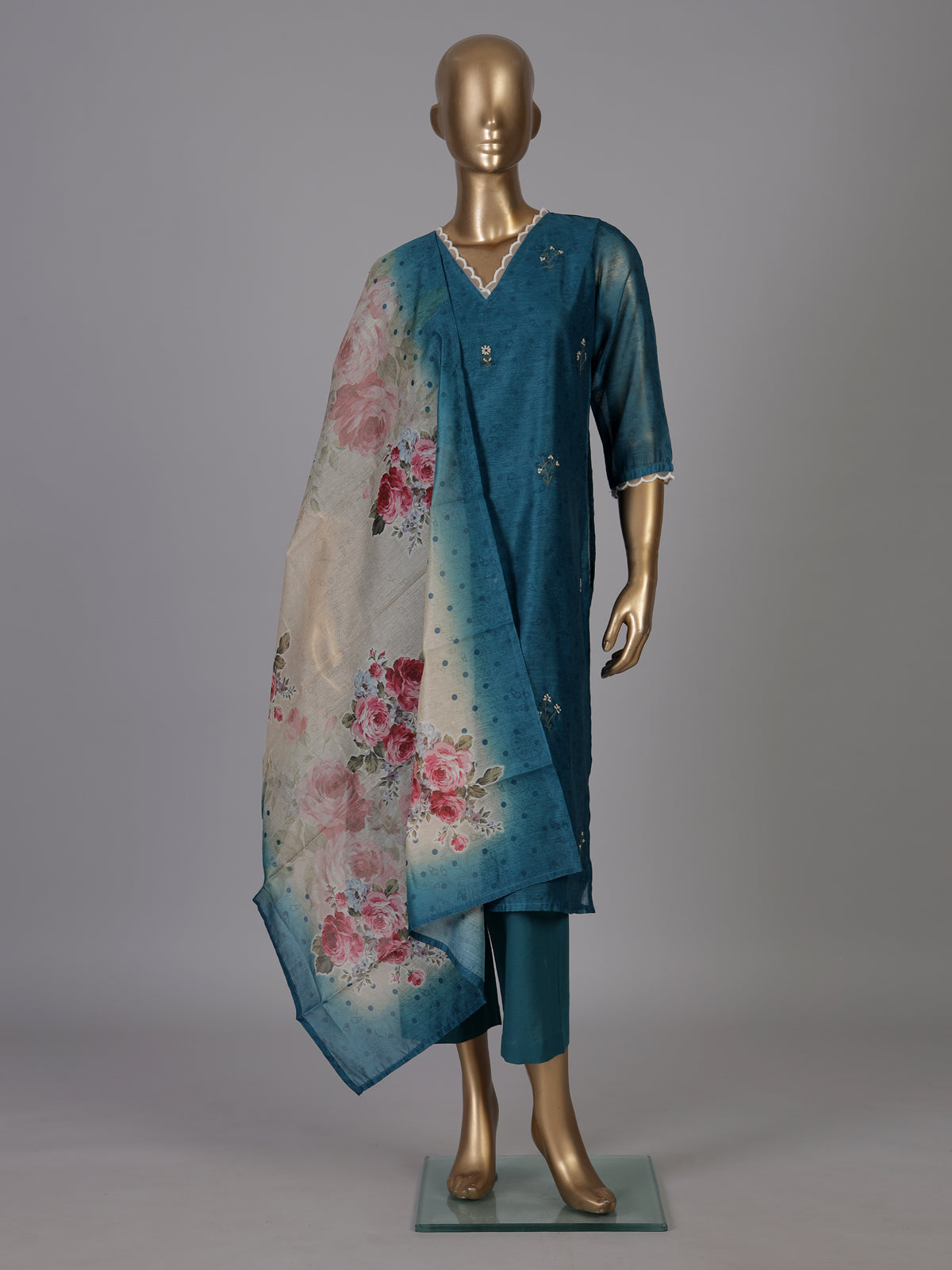 Teal blue chanderi silk kurti set edit