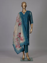 Teal blue chanderi silk kurti set edit