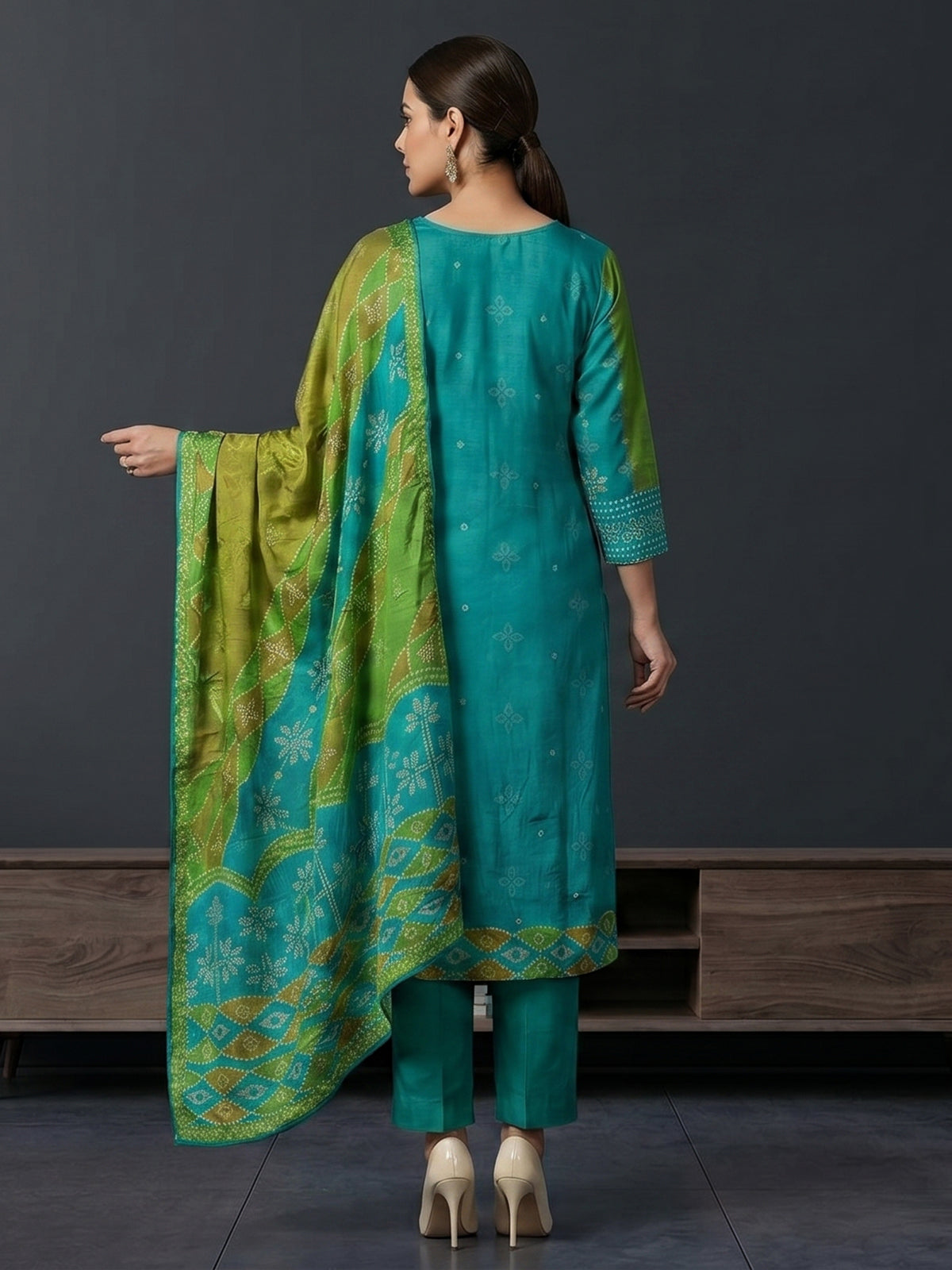 Blue bandhani inspired chanderi kurti set ensemble