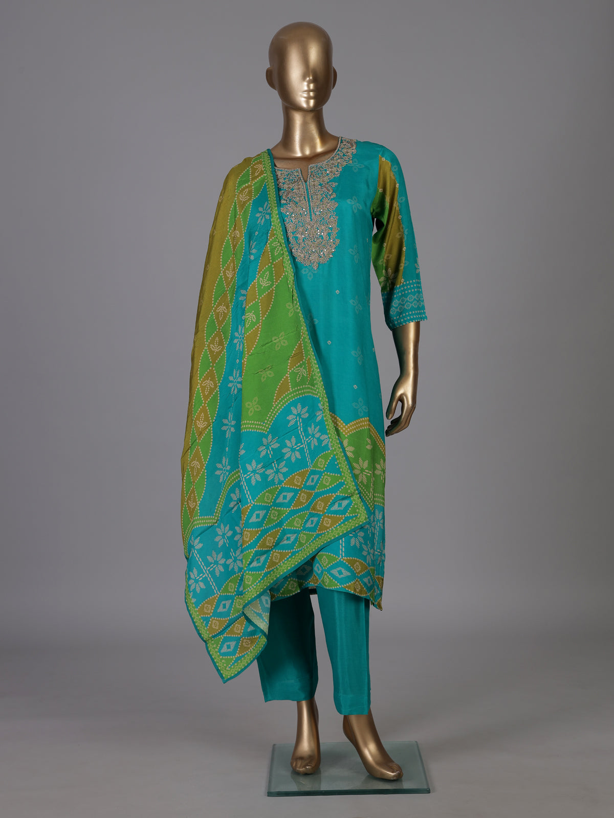 Blue bandhani inspired chanderi kurti set ensemble