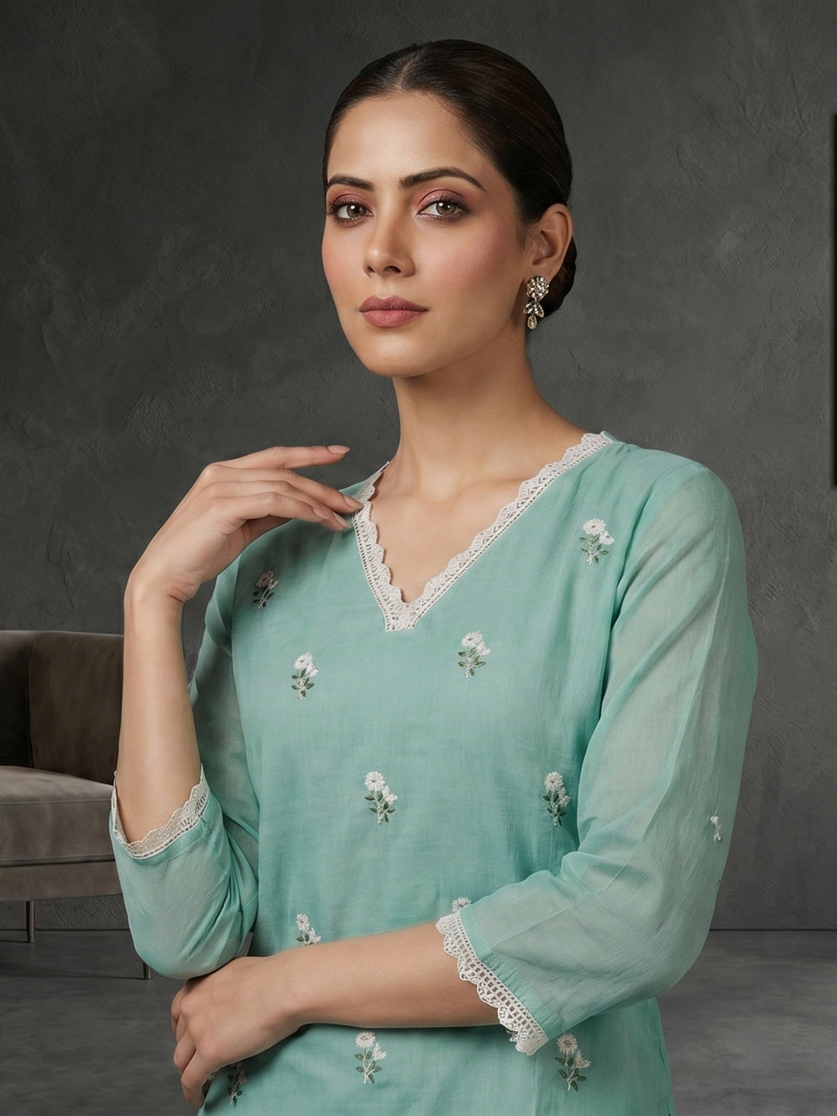 Pastel mint linen cotton kurti set edit