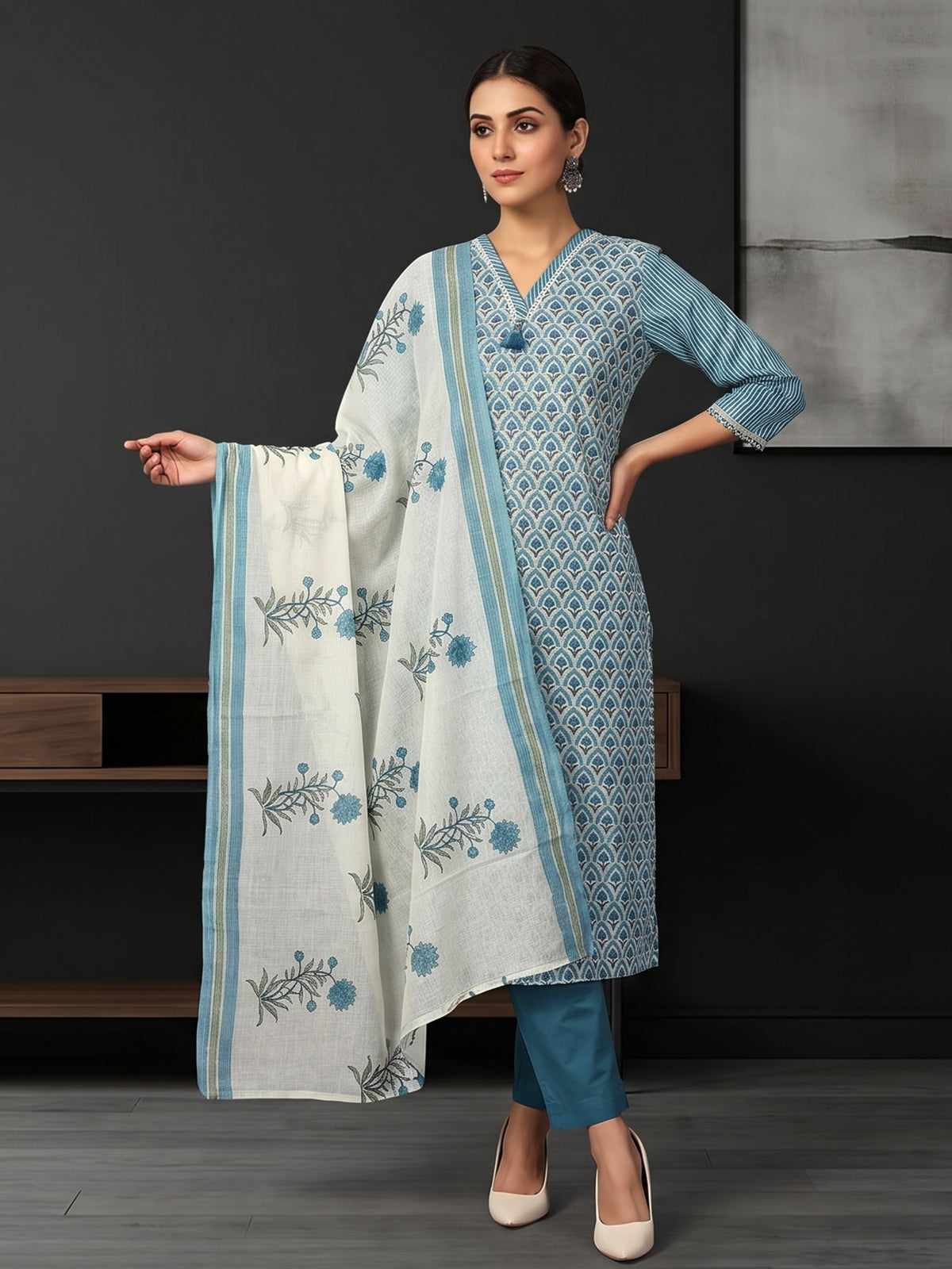 Blue striped printed cotton kurti set edit