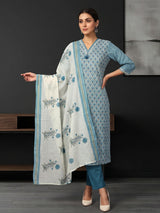 Blue striped printed cotton kurti set edit