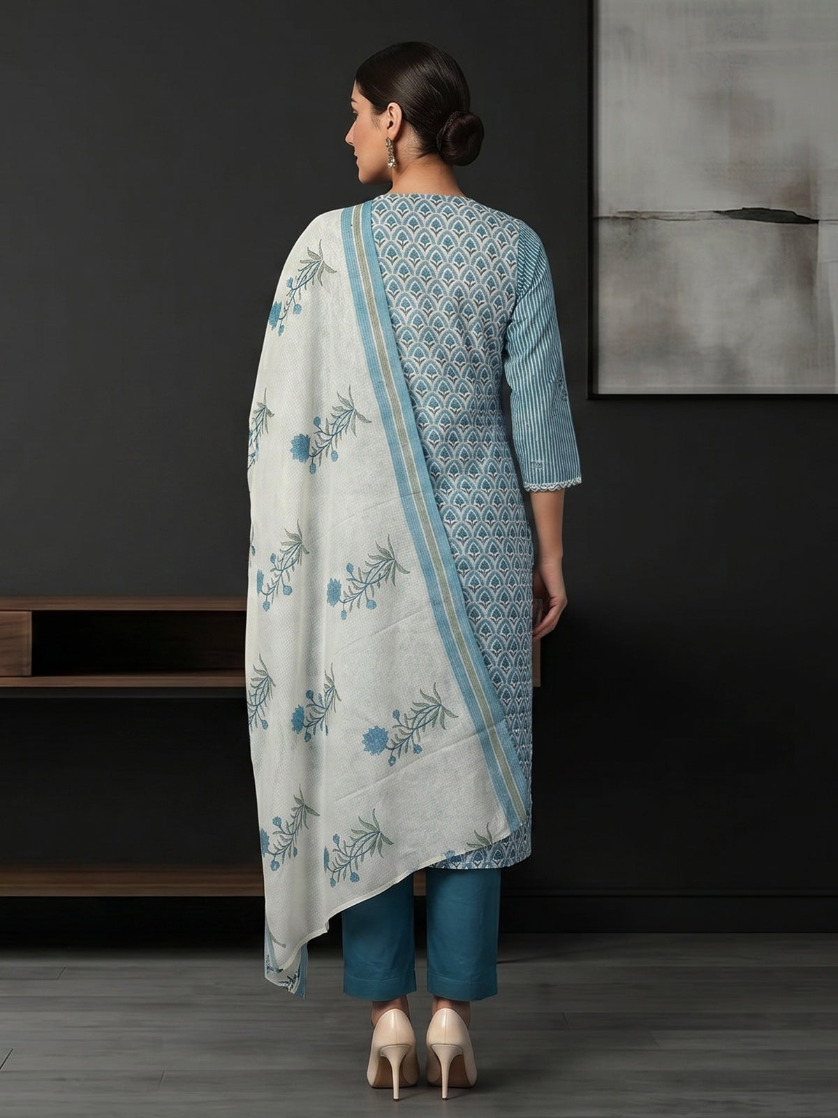 Blue striped printed cotton kurti set edit
