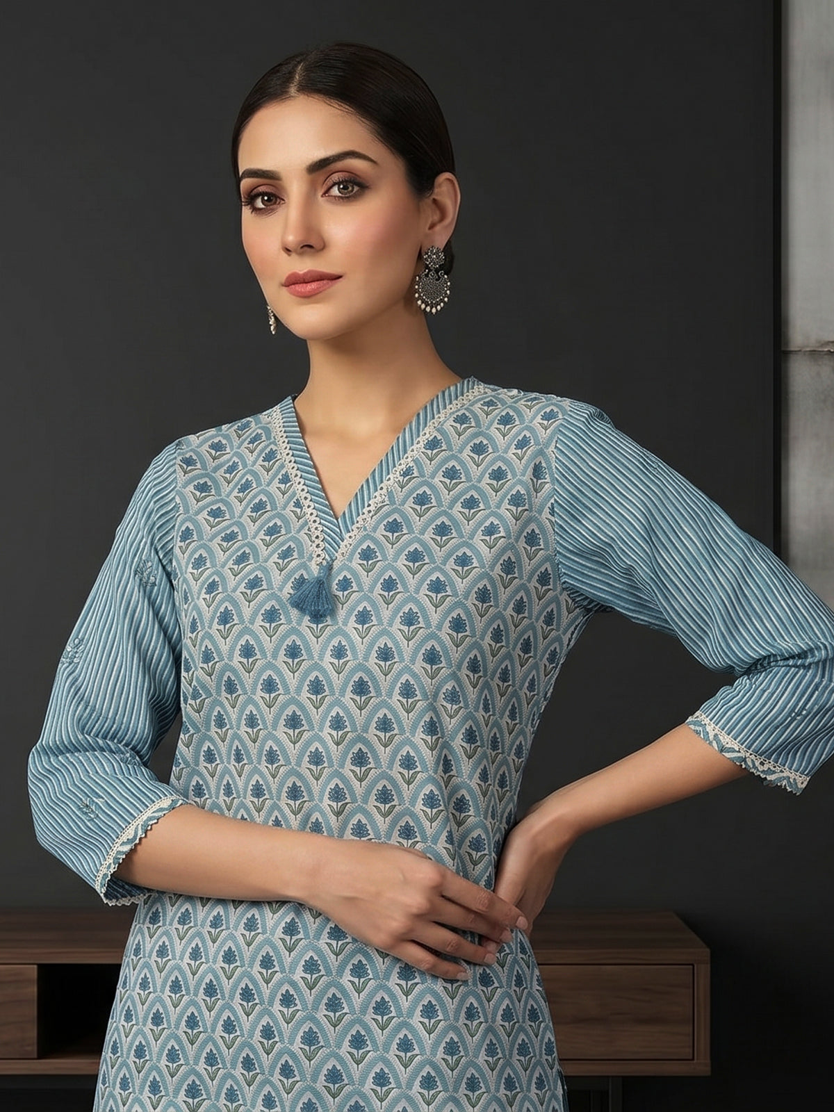 Blue striped printed cotton kurti set edit