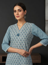 Blue striped printed cotton kurti set edit