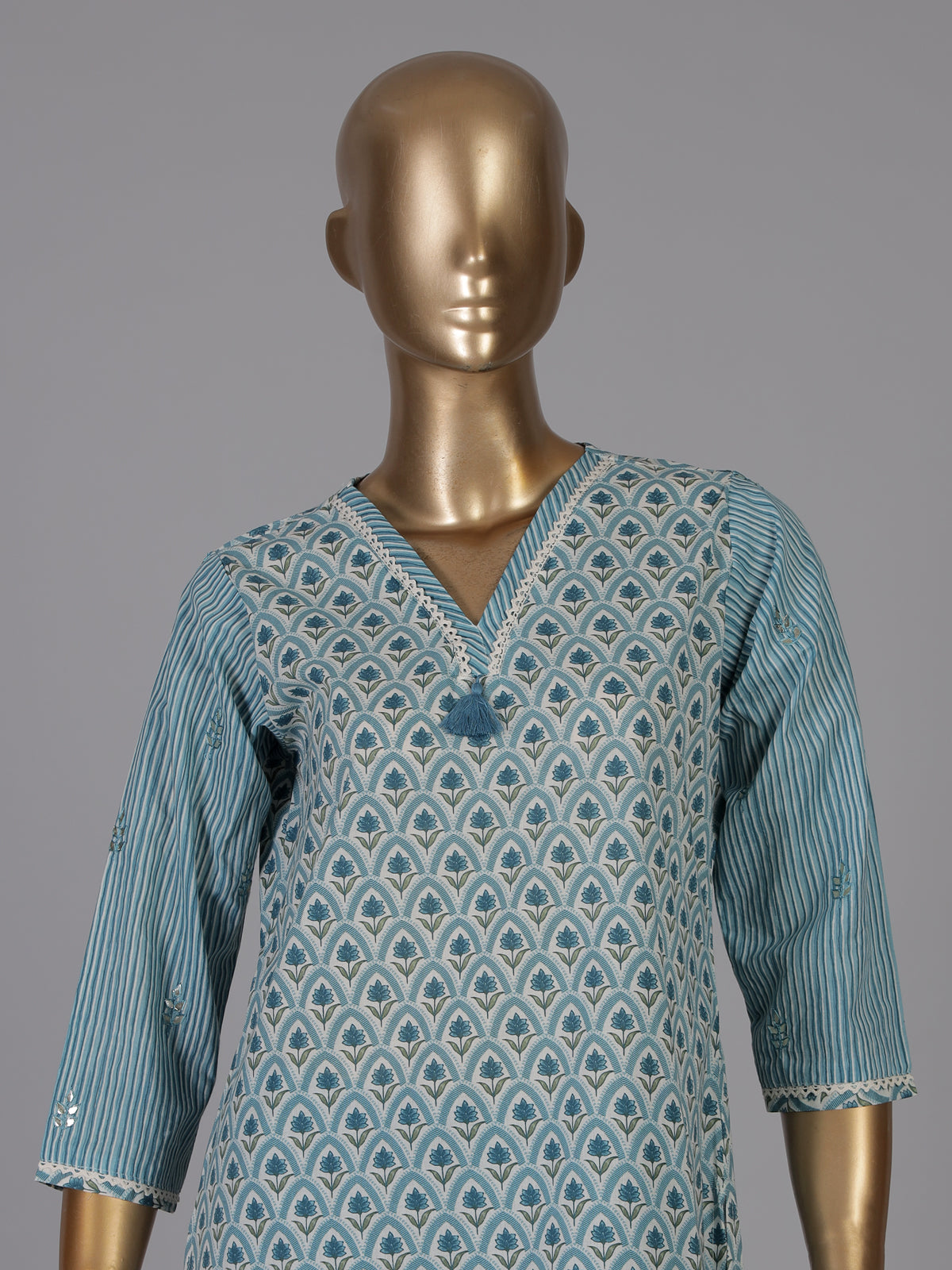 Blue striped printed cotton kurti set edit