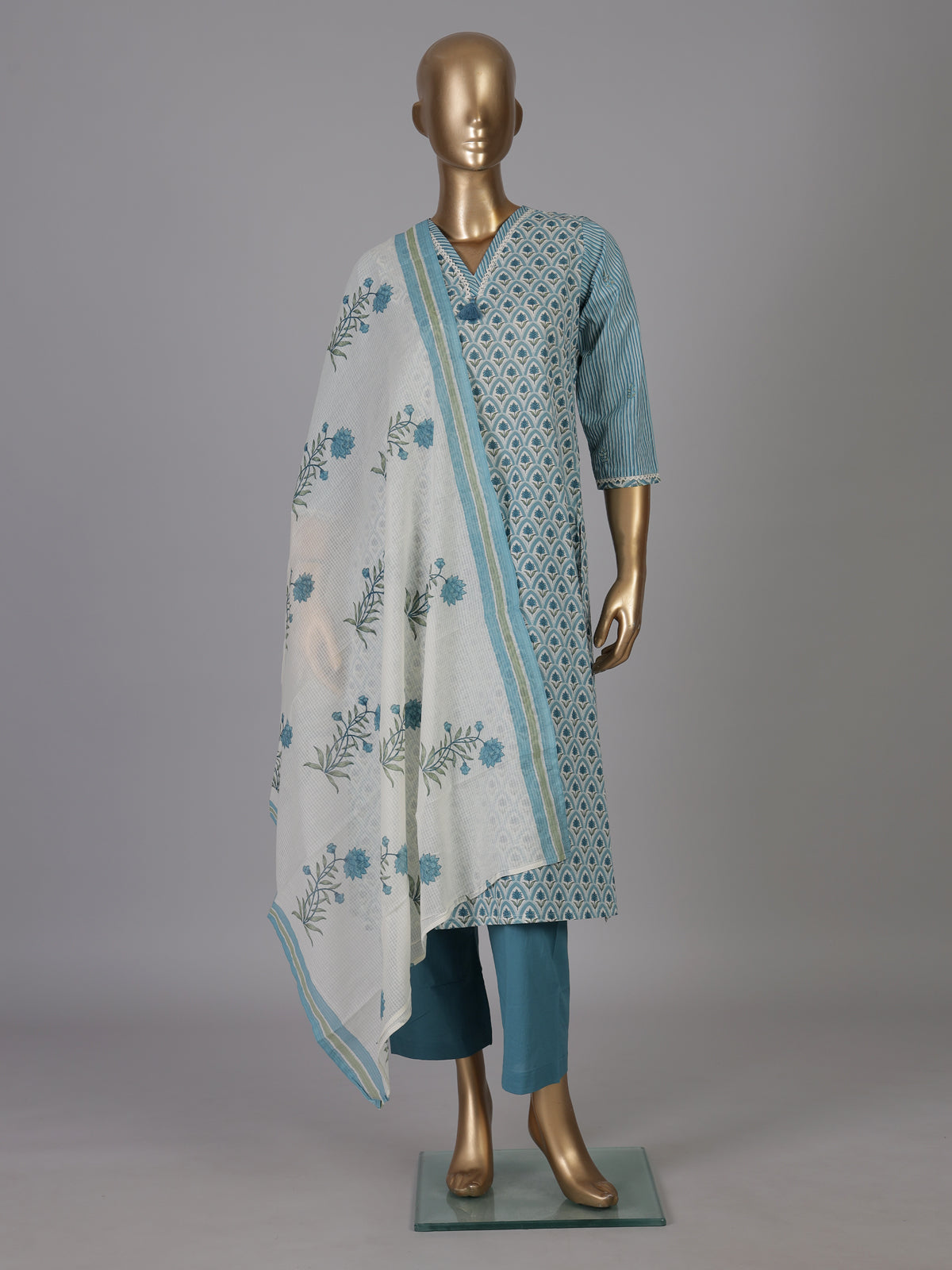 Blue striped printed cotton kurti set edit