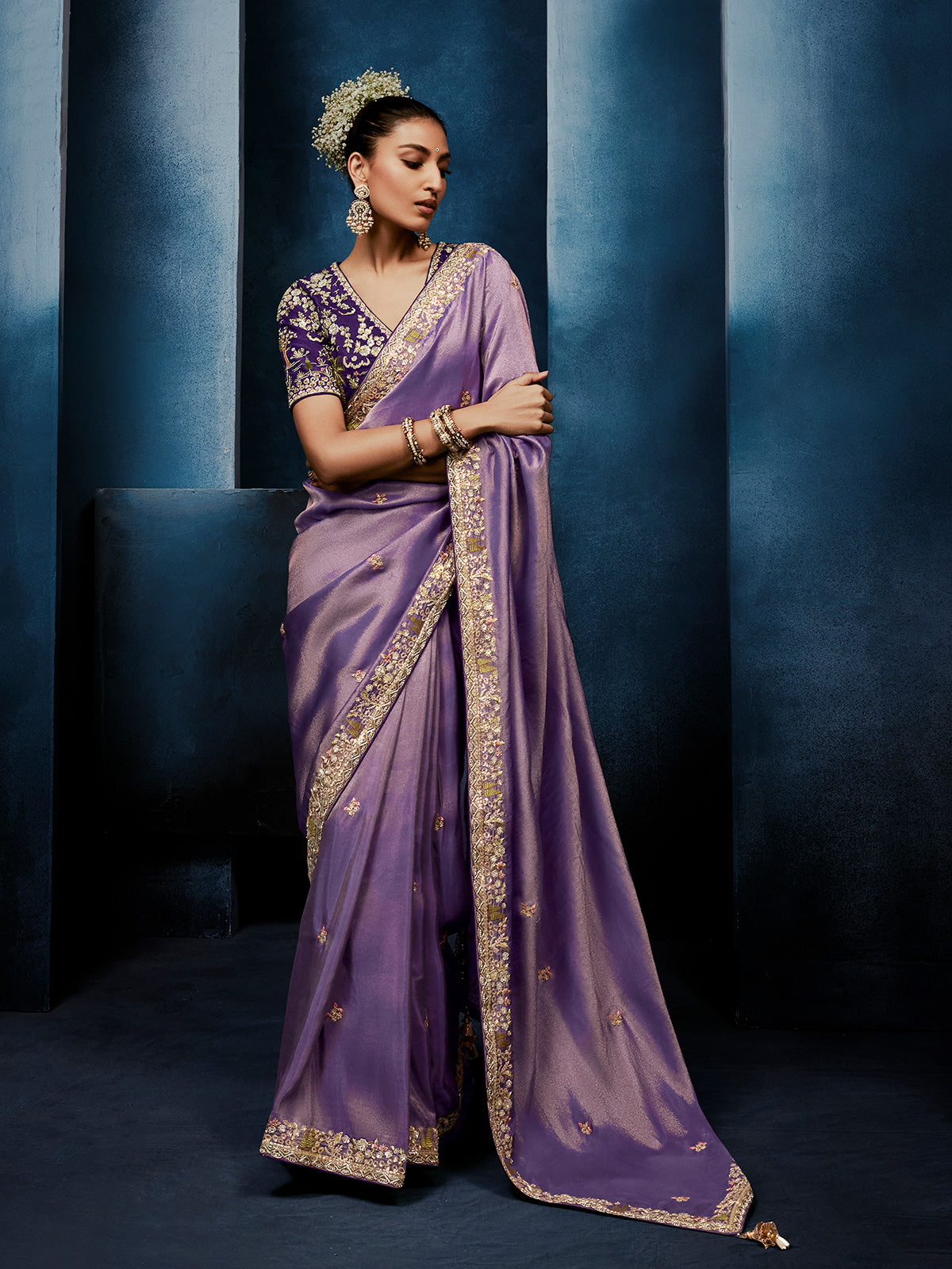 Light purple tissue silk saree for elegant wedding wear