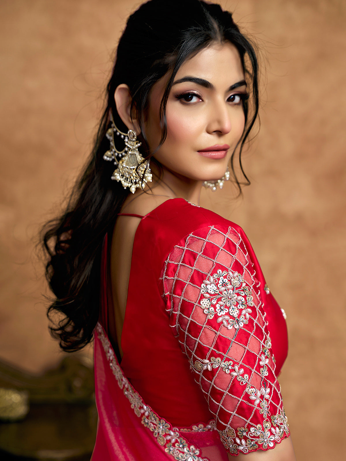 Reddish pink festive wear organza satin saree