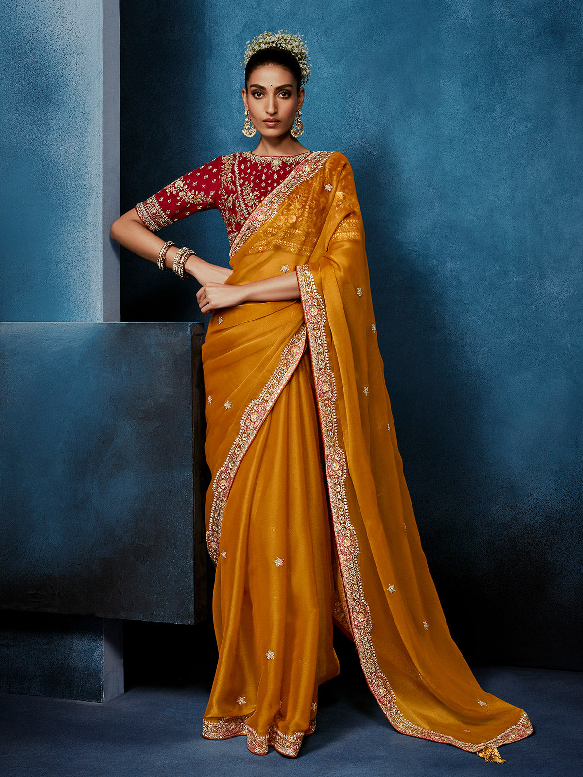 Mustard yellow tissue silk saree for wedding celebrations