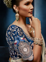 Pista green tissue silk saree with bold navy blouse