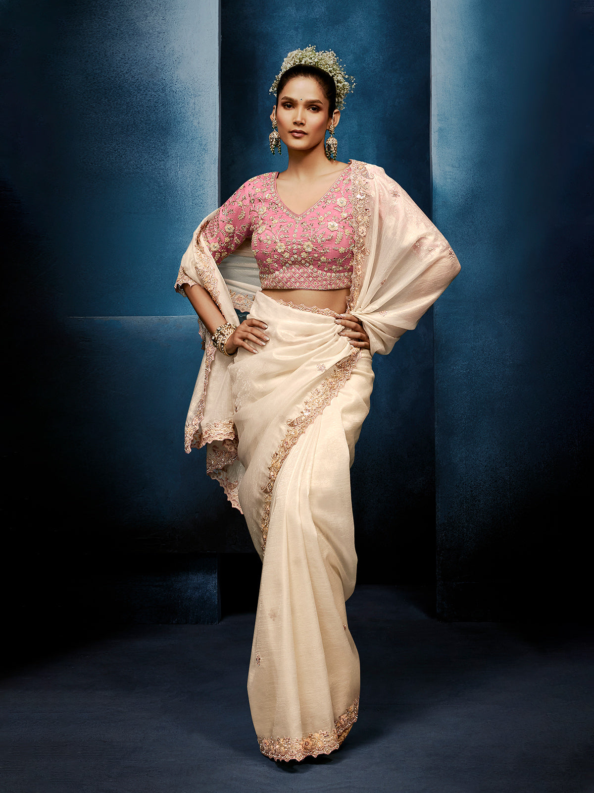 Off white tissue saree for sophisticated party wear