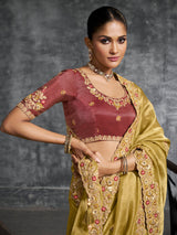 Golden viscose tissue saree for festive wear