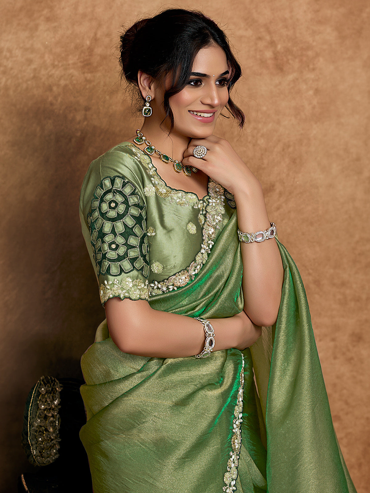 Olive green party wear organza saree