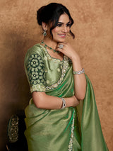 Olive green party wear organza saree