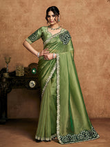 Olive green party wear organza saree