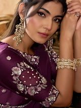 Wine satin silk party wear saree