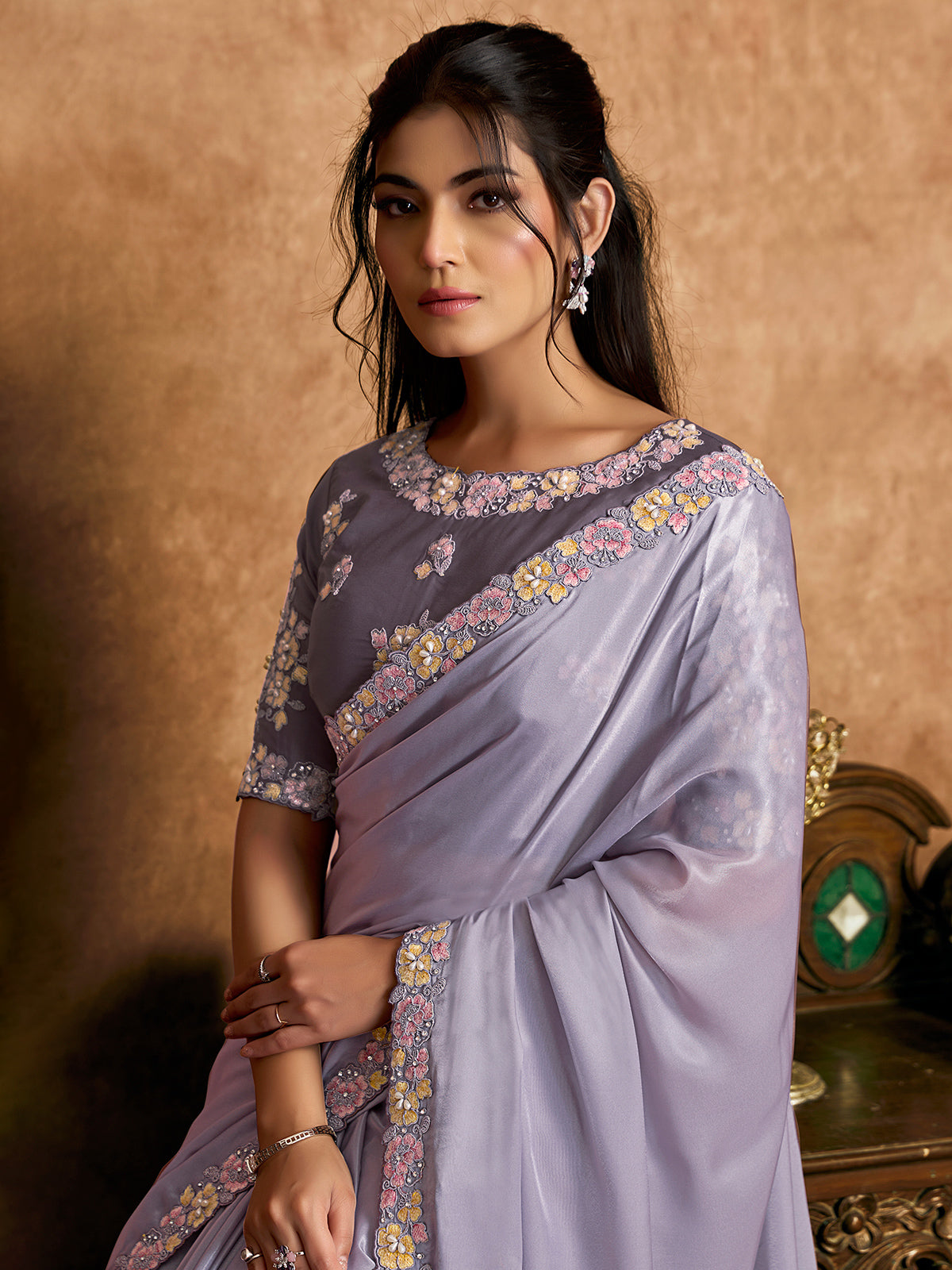 Purple festive wear crepe satin saree