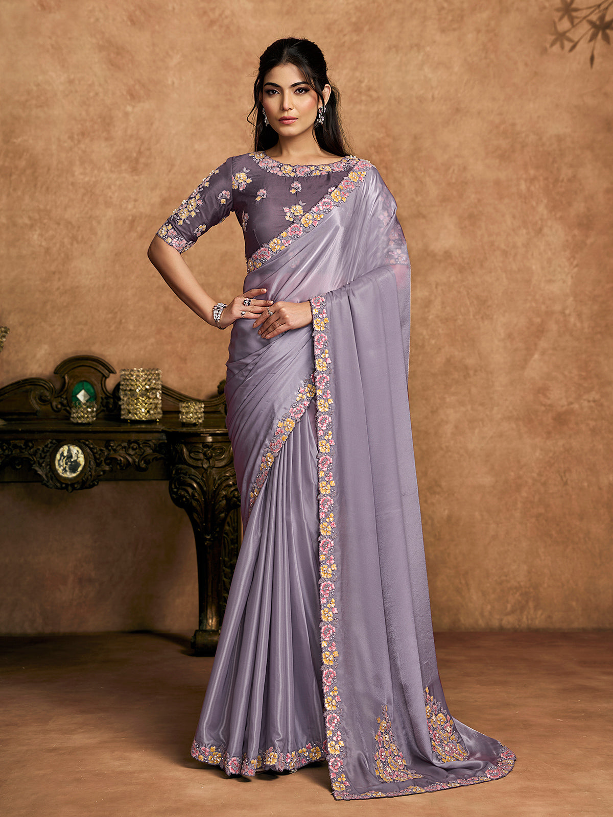 Purple festive wear crepe satin saree
