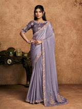 Purple festive wear crepe satin saree