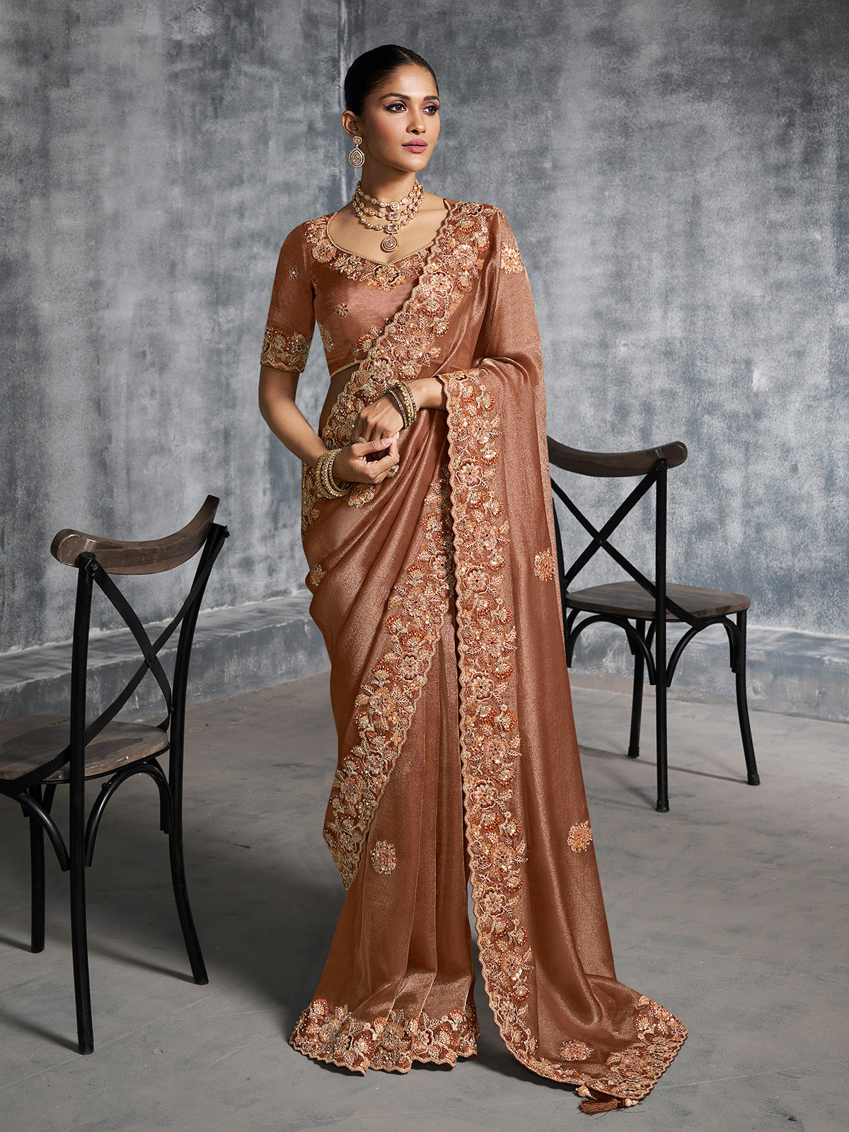 Pastel brown wedding wear viscose tissue saree