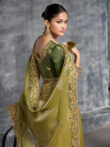 Olive green viscose tissue saree with embellished border
