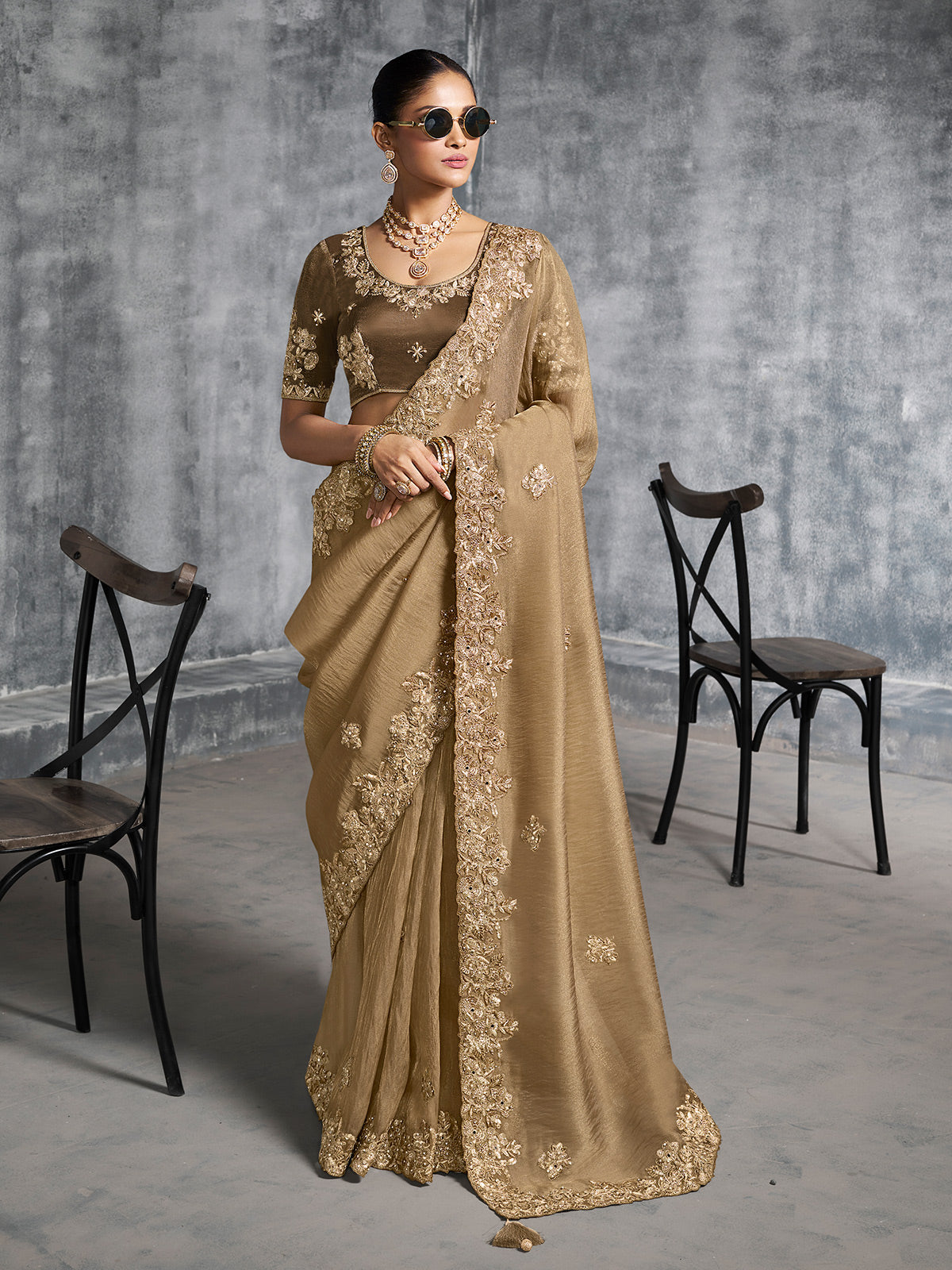 Beige viscose tissue saree