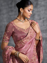 Onion pink viscose tissue saree for weddings