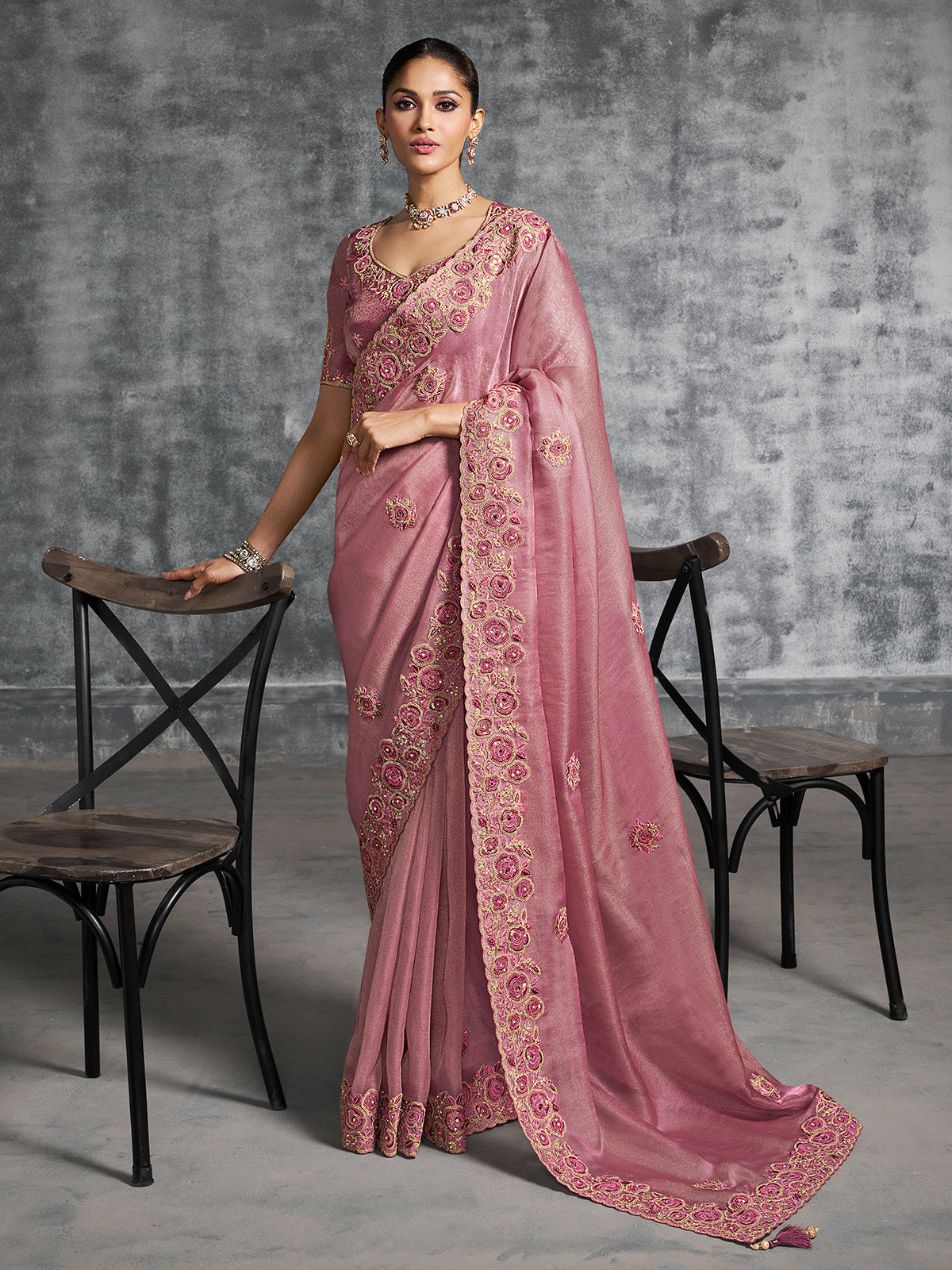 Onion pink viscose tissue saree for weddings