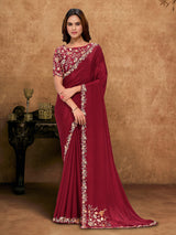 Maroon crepe silk saree with embellished border