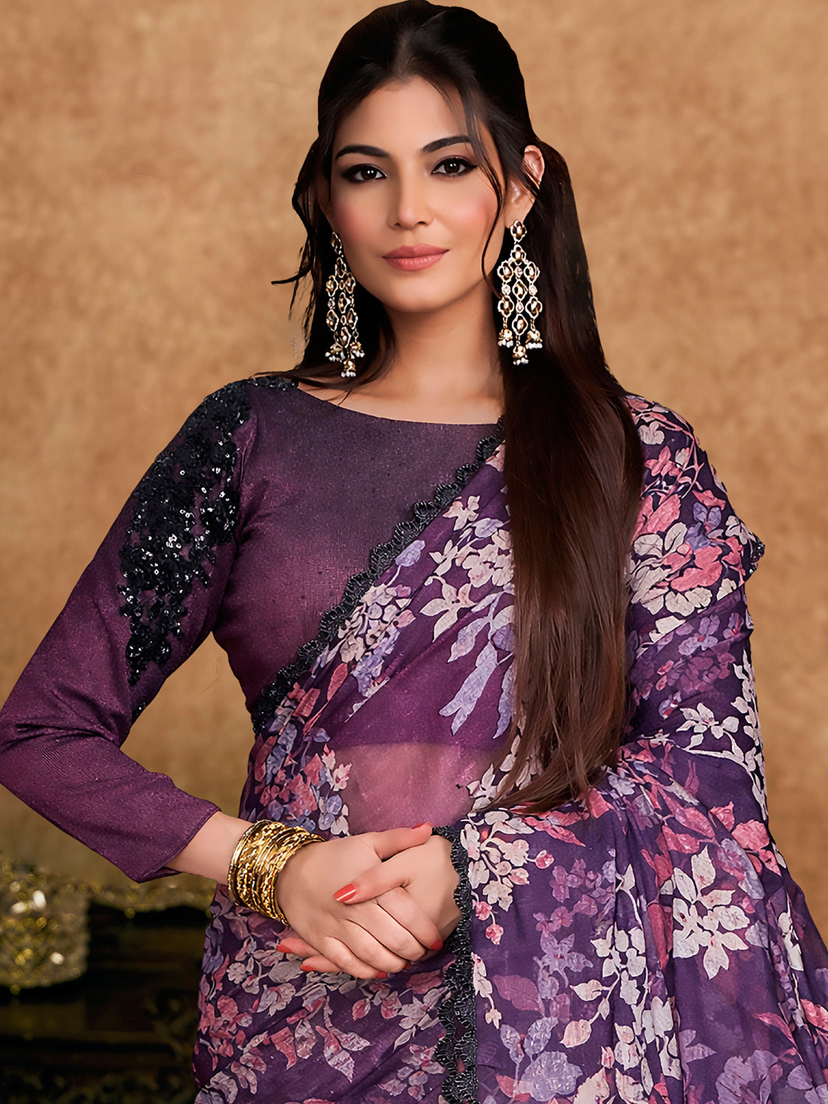 Purple organza satin saree with floral print