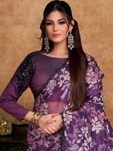 Purple organza satin saree with floral print