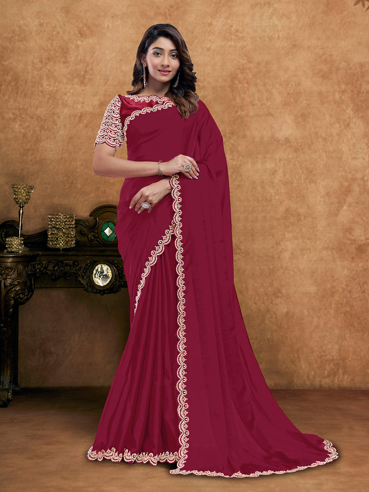 Maroon party wear satin silk saree