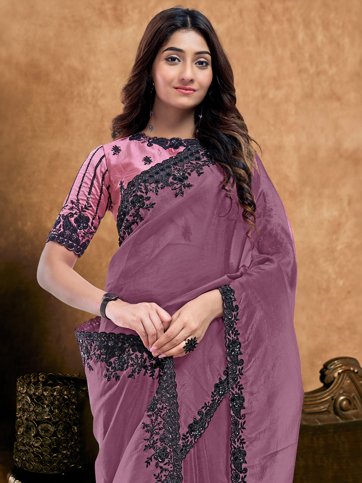 Mauve purple crystal satin saree with black embroidery