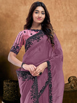 Mauve purple crystal satin saree with black embroidery