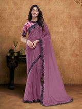 Mauve purple crystal satin saree with black embroidery