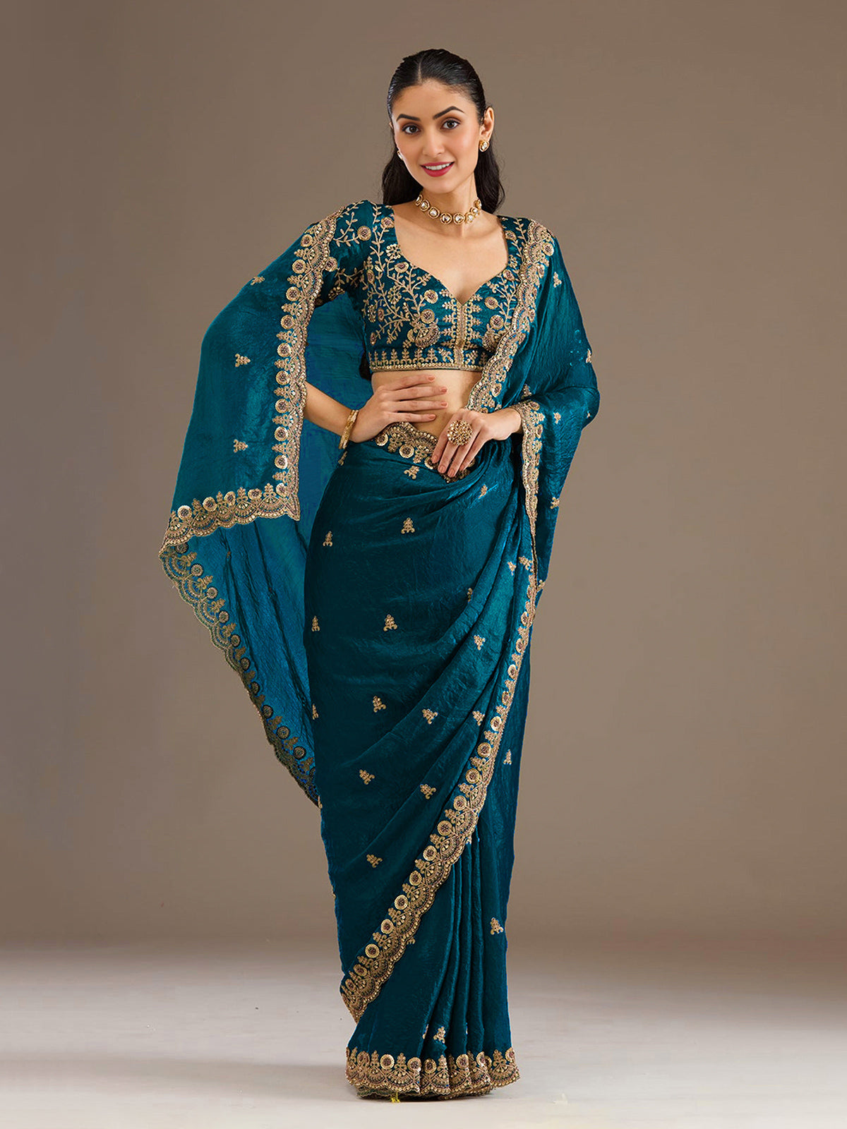 Dove blue tissue saree for festive wear