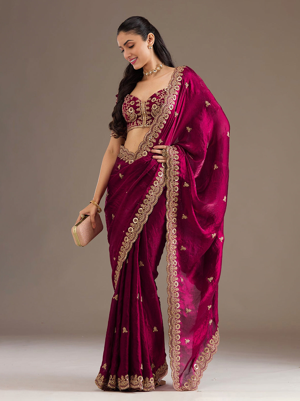 Maroon festive wear tissue saree
