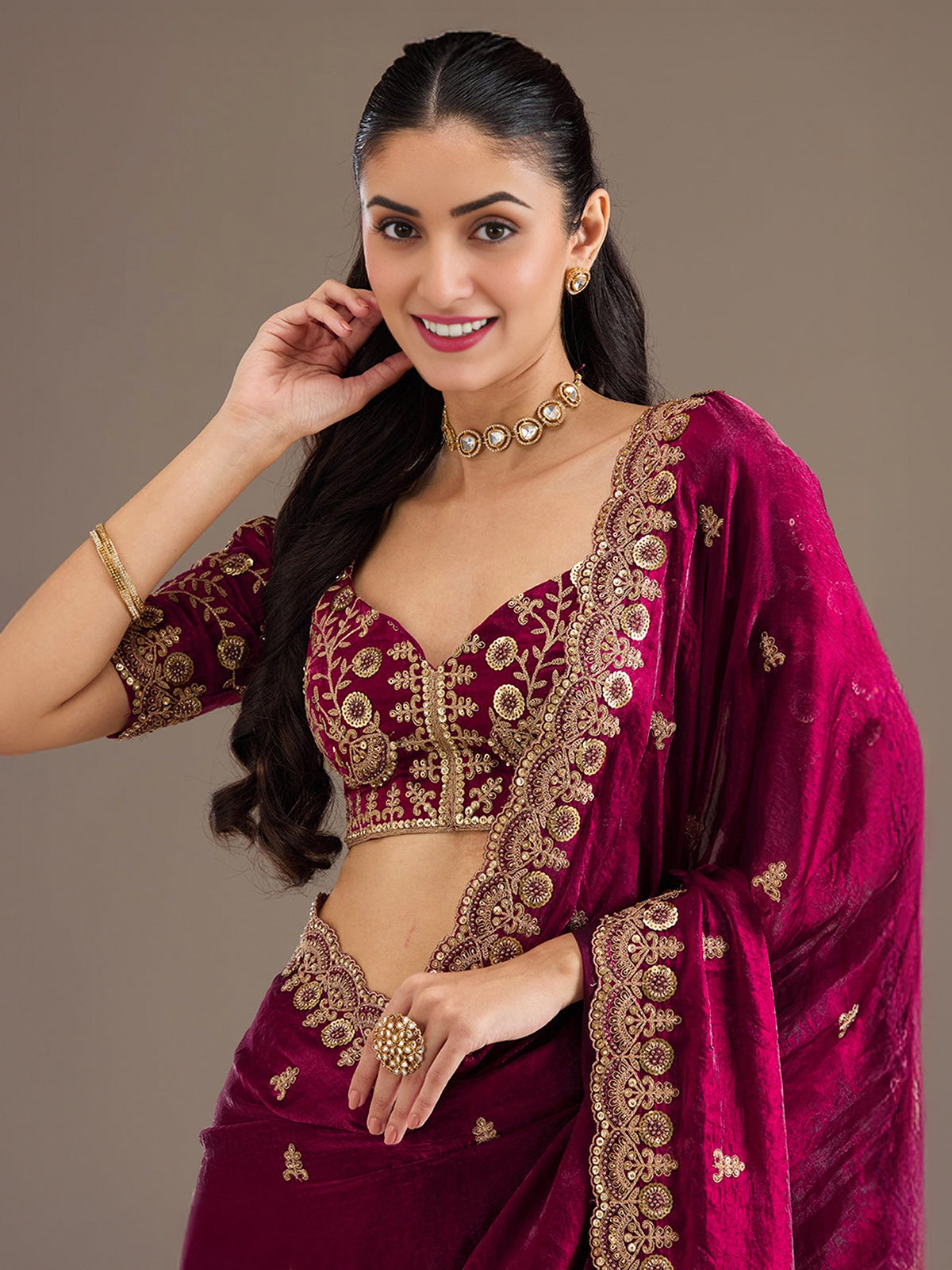 Maroon festive wear tissue saree
