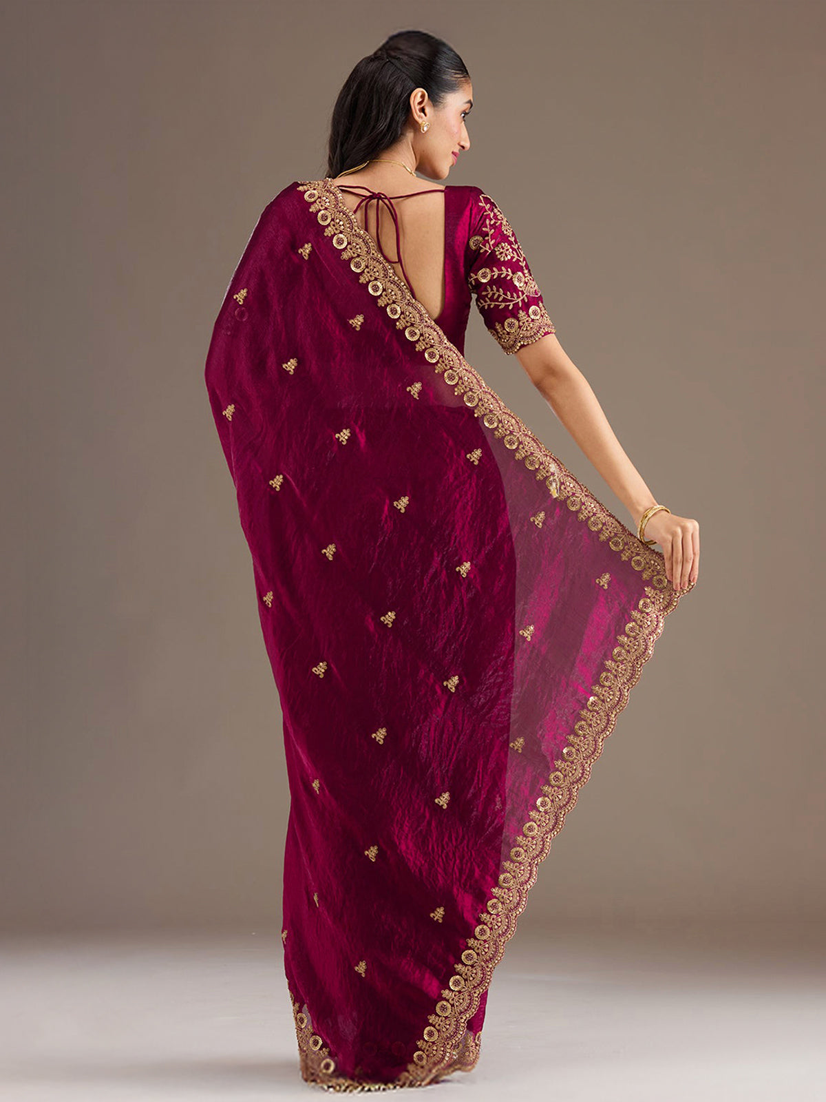 Maroon festive wear tissue saree