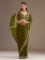 Olive green tissue saree with embellished border