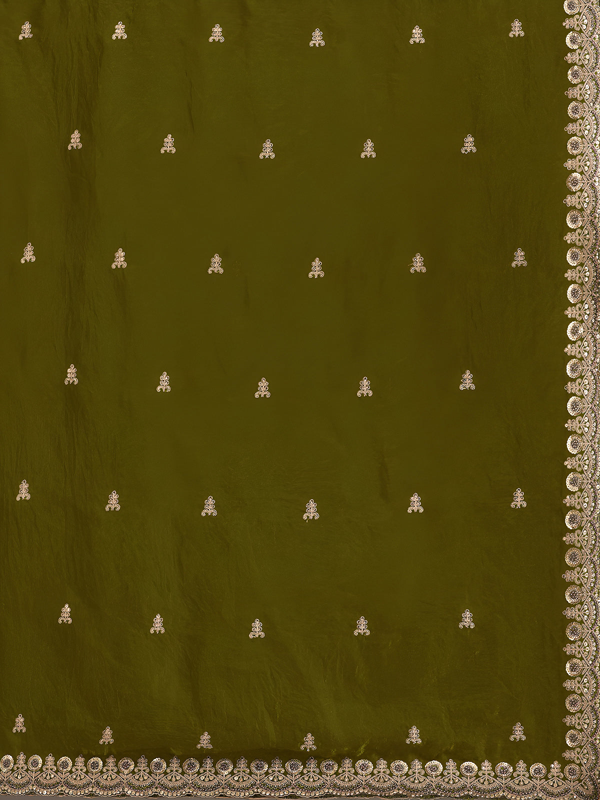 Olive green tissue saree with embellished border