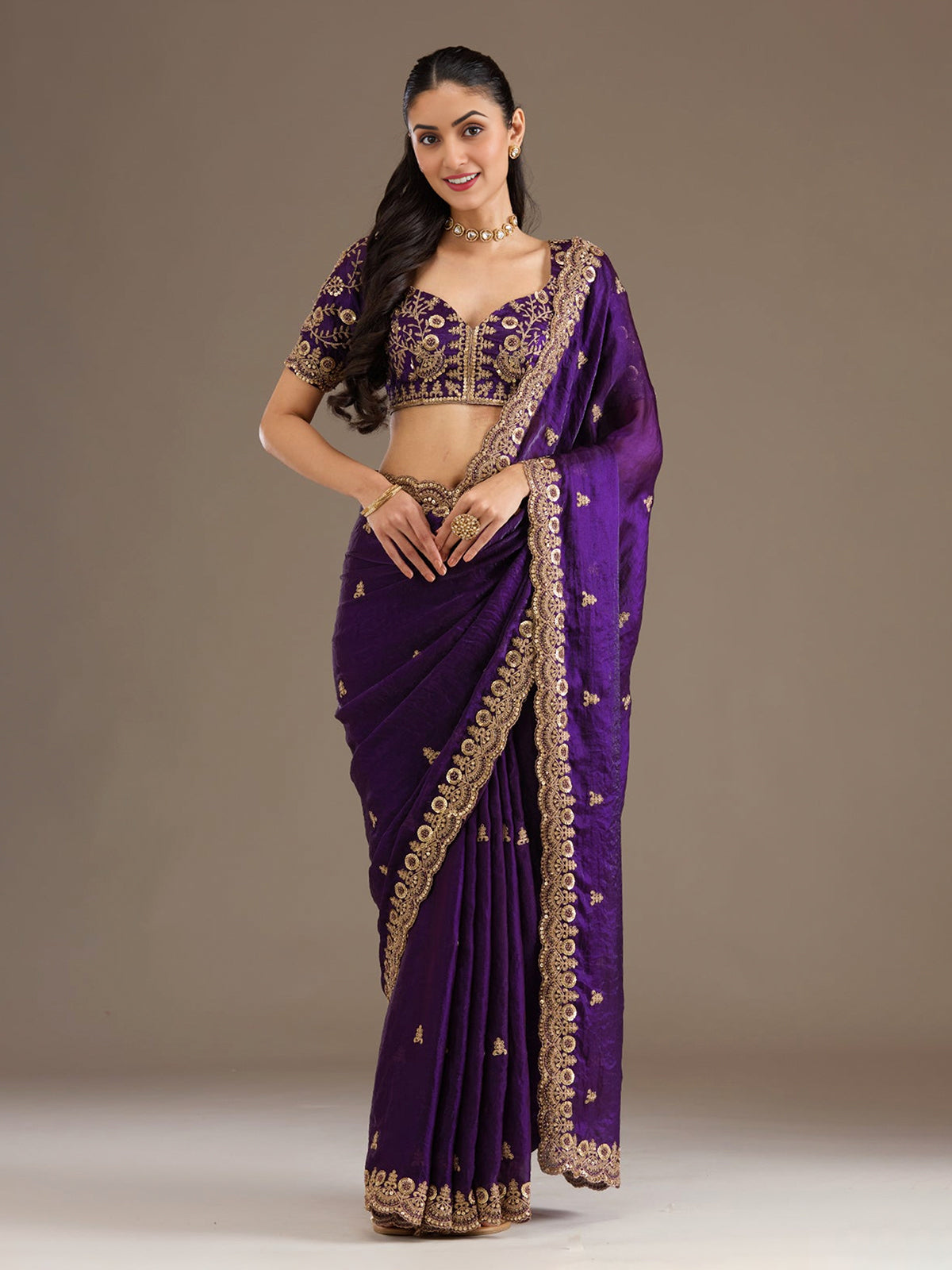 Purple tissue saree for party celebration