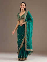 Rama green tissue saree for party celebration