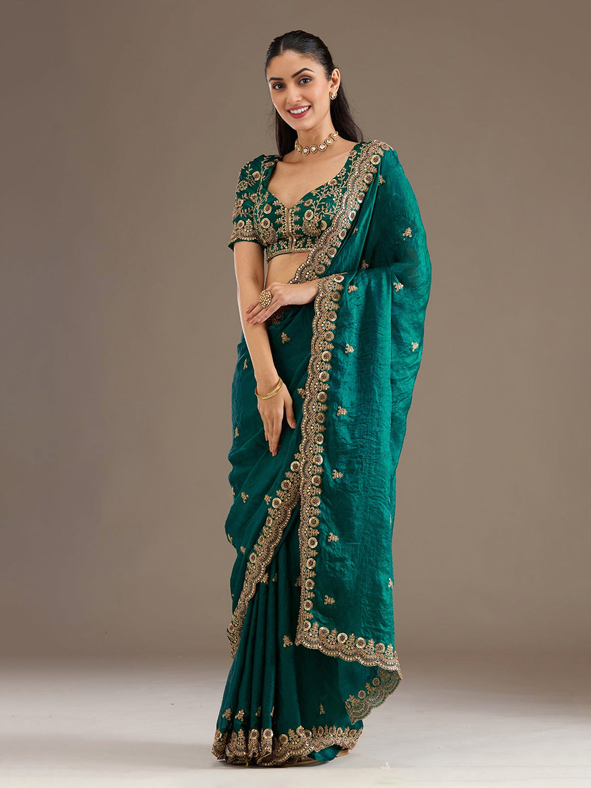 Rama green tissue saree for party celebration